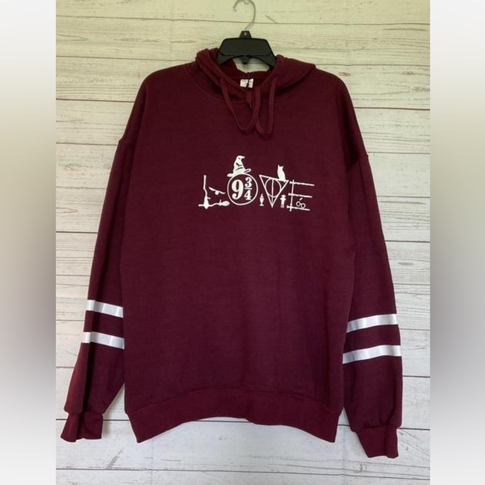 Unisex-Harry Potter LOVE Hoodie XL Burgundy Pullover Platform 9 3/4 Owl